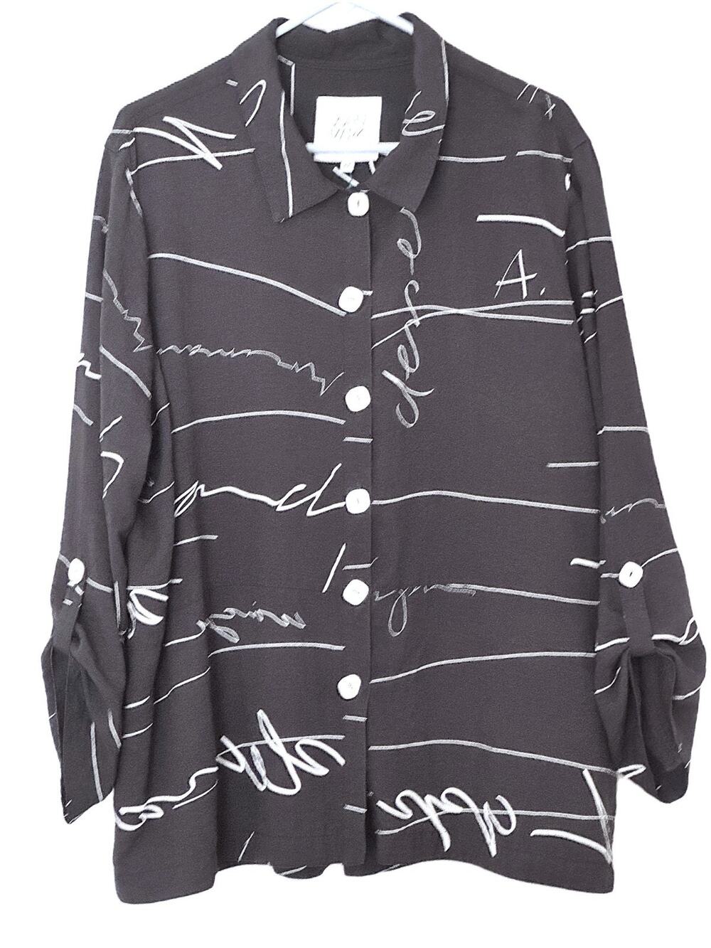 John Mark Abstract Script Graffiti Print Roll Tab Button Up Blouse Women's 2X